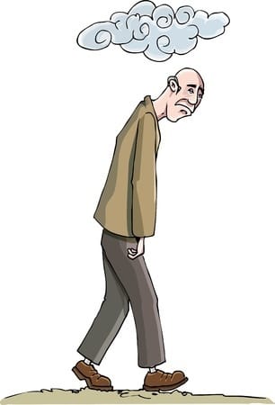 older gentleman with slumped posture and dark cloud over his head representing bad posture and depression