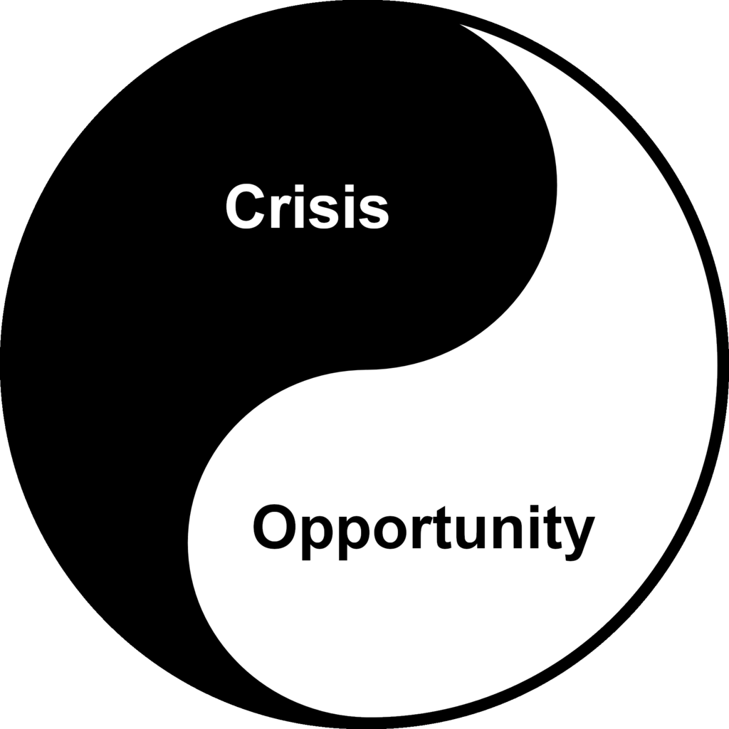 yin yang symbol with crisis on one side and opportunity on the other every crisis is an opportunity