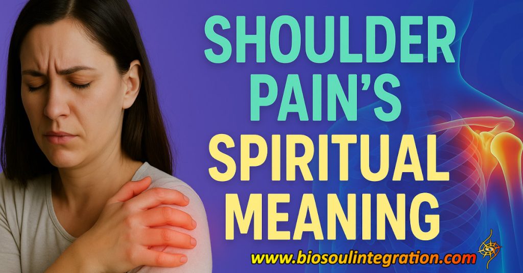 woman holding her should in pain, shoulder pain spiritual meaning