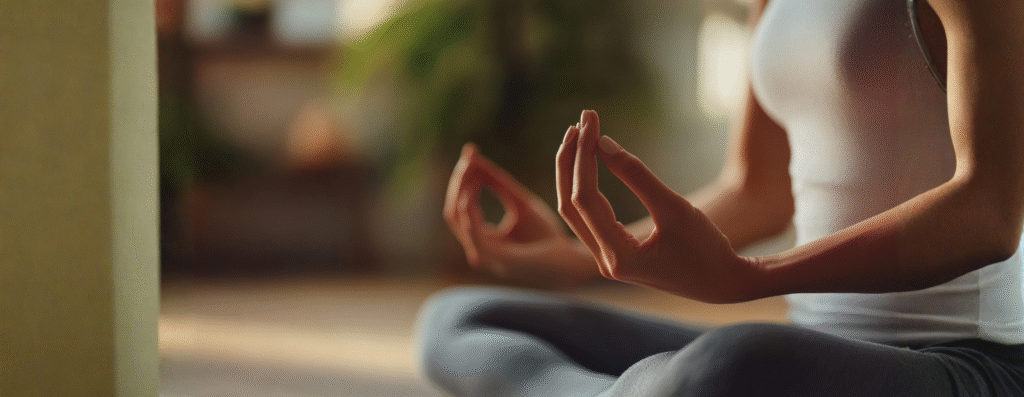 A woman doing the yoga hand pose