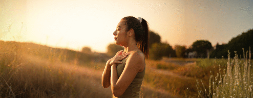 A woman holding her chest and meditating