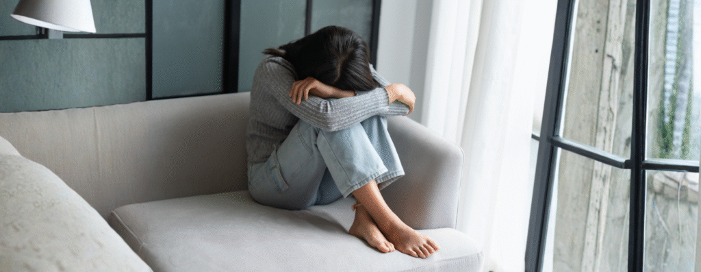 A woman suppressing her emotions